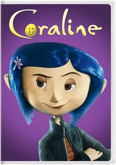 an animated character with blue hair is featured on the cover of coraline