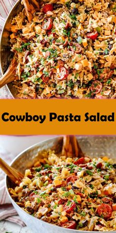 cowboy pasta salad in a skillet with wooden spoons on the side and an orange border