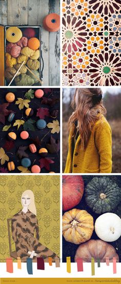 a collage of photos with pumpkins, leaves and other things on it's side