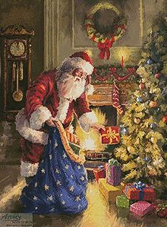 a painting of santa claus decorating a christmas tree