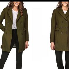 Wool Blend Double Breasted Peacoat. Medium. Olive. Fully Lined. Fall Khaki Double-breasted Blazer, Fall Double-breasted Khaki Blazer, Khaki Double-breasted Fall Blazer, Green Long Sleeve Pea Coat For Fall, Khaki Long Sleeve Pea Coat For Work, Casual Green Long Pea Coat, Khaki Single Breasted Pea Coat For Fall, Green Double-breasted Pea Coat For Fall, Fall Khaki Pea Coat With Double Button Closure