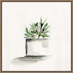 a watercolor painting of a plant in a white vase with green leaves on it