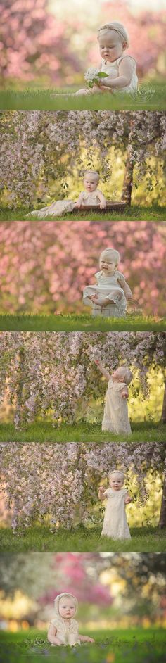 four different images of women in white dresses sitting on the grass with trees and flowers behind them