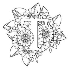 the letter i is surrounded by flowers and leaves in this coloring book page for adults