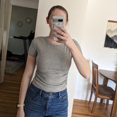 Nwt. Bought From A Boutique And Haven't Worn. Cropped Length With Scrunched Sides. Size Medium. Casual Fitted Top With Ruched Sides, Short Sleeve Stretch T-shirt With Ruched Detail, Ruched Stretch Short Sleeve T-shirt, Short Sleeve Ruched Stretch T-shirt, Casual Ruched Fitted T-shirt, Casual Fitted Ruched T-shirt, Trend Tops, Purple Graphic Tee, Harry Styles Tour