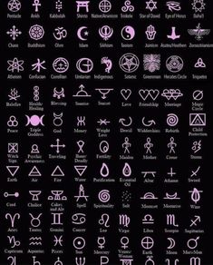 the symbols for all kinds of zodiac signs and their meanings in pink ink on black paper