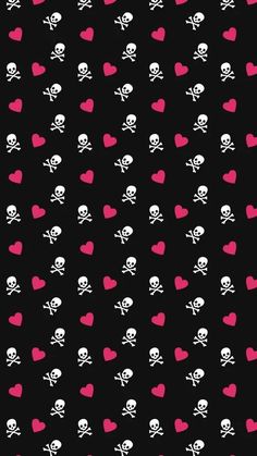 skulls and hearts on a black background with pink heart shapes in the shape of bones