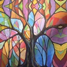 a painting of a tree with colorful leaves