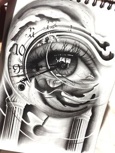 a drawing of an eye with roman numerals on it and the clock in the background