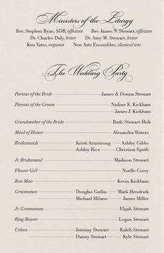 the wedding program is shown in black and white