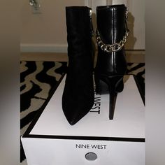 Brand New - Nine West Black Leather/Suede Ankle Boots With Silver Chain, Side Zipper, Size 10.5 Trendy Suede Heeled Boots For Evening, Edgy Suede Heels With Pointed Toe, Suede Ankle-high Boots For Night Out, Ankle-high Suede Boots For Night Out, Trendy Suede Heeled Boots For Night Out, Trendy Suede Boots For Night Out, Suede Boots For Night Out, Shoes Brand, Nine West Shoes