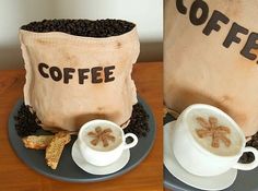 two pictures of coffee bags and cups on plates