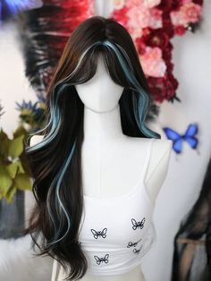 Brown Hair With Blue Peekaboos, Slightly Wavy Hair, Pretty Wigs, Goth Hair Color Ideas, Brown And Blue Hair, Pretty Hair Cuts, Cool Hair Designs, Cosplay Hair