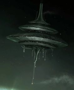 an alien ship floating in the sky with drops of water on it's side