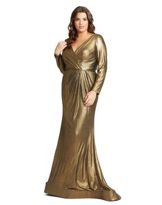 Chic bronze metallic gown with faux-wrap bodice, v-neckline, and sweeping train. Mac Duggal Fully Lined Back Zipper 100% Polyester Long Sleeve Full Length Metallic Style #49073 Bride Plus Size Dress, Bride Plus Size, Mother Of The Bride Plus Size, Drape Gown, Metallic Gown, Traditional Wedding Attire, Gown Plus Size, Plus Size Prom, Mac Duggal Dresses