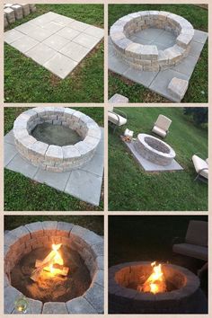 several pictures of an outdoor fire pit in the grass