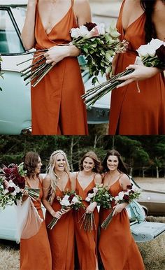 the bridesmaids are all wearing orange dresses and holding bouquets in their hands