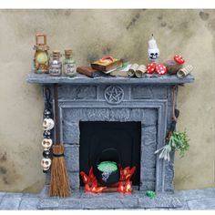 a fire place with various items on it