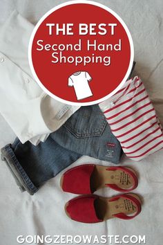 the best second hand shopping for women is on display in this postcard with red shoes, white shirt and striped tote bag