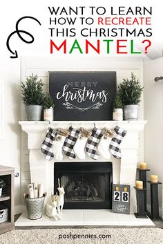 a fireplace decorated for christmas with stockings hanging from the mantel and potted plants