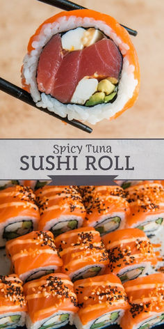 sushi rolls with sauce on them and the title spicy tuna sushi roll above