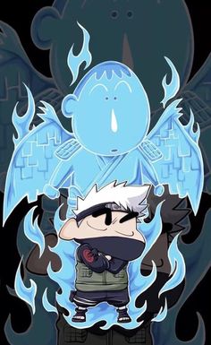 an anime character with white hair standing in front of a blue fire and black background