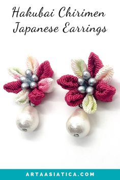 Give your favorite outfits with a peppy fresh with these Hakubai ( White Plum) Chirimen Japanese earrings! Hakubai symbolizes beauty and longevity in Japan. These earrings feature fabric and bead stud, pearl bead at drop and post back closure. This very limited Chirimen fabric or crepe textile is carefully picked from Kyoto. This is one of our collaboration pieces with YUE, artisan from Nagoya. Handmade Multicolor Pearl Earrings For Gift, Multicolor Handmade Pearl Earrings For Gift, Handmade Multicolor Pearl Earrings Gift, Traditional White Pearl Earrings For Gift, Traditional White Clip-on Earrings As Gift, Festive White Flower Earrings, Japanese Earrings, White Plum, Surgical Steel Earrings