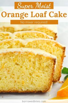 slices of orange pound cake with icing next to an orange slice