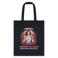 a black tote bag with an image of a woman on it