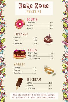 the bakery menu is designed to look like it has different types of desserts on it