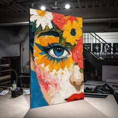 a painting with flowers painted on it in front of a stair case at an art studio