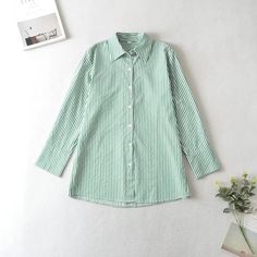 Elegant Slightly Mature Collared Single Breasted Top Mid-Length Women Clothing Spring/Summer Striped Contrast Color Long Sleeves Shirt - Blue,L Green Casual Shirt For Summer, Green Shirt For Summer Daywear, Summer Green Shirt For Daywear, Green Button-up Blouse For Summer, Spring Vacation Green Shirt, Green Button-up Summer Blouse, Green Summer Button-up Blouse, Green Spring Beach Shirt, Striped Long Sleeve Summer Blouse