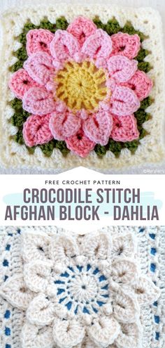 crocheted afghan block with the words crocodile stitch afghan block dahla on it