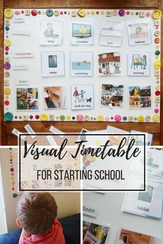 a collage of photos with the words visual timetable for starting school written on it