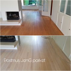 two pictures of the same room with wood flooring and white walls, one is empty