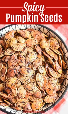 pumpkin seeds in a bowl with text overlay