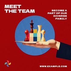 a hand holding a tray with chess pieces on it and the text meet the team become a part of our diverse family