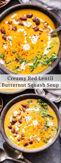 two bowls of creamy red lentil butternut squash soup