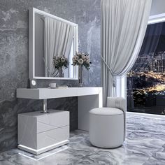 a bathroom with marble flooring and walls, along with a large window overlooking the city