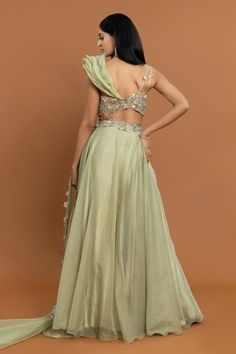 Green flared lehenga with placed thread embroidered floral applique motifs. Comes with a padded floral applique blouse, highlighted by sequin work and choker dupatta. - Aza Fashions Sleeveless Evening Lehenga With Dupatta, Evening Lehenga With Resham Embroidery, Choker Dupatta, Flared Lehenga, Applique Blouse, Green Thread, Floral Applique, Set Women, Aza Fashion