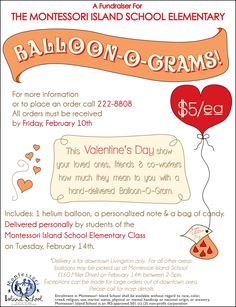 the flyer for balloon - o - grams at montesso island school elementary, which is