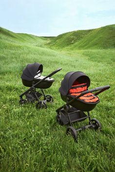 two baby strollers sitting in the grass on a hill side with rolling hills behind them