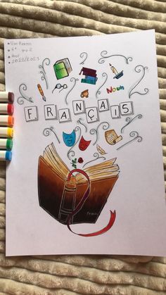 a drawing of a book with the words frannalis written on it and other things coming out of it