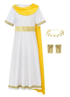 a white and yellow dress with gold trims on the neck, two pairs of earrings and a headband