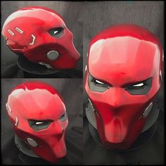 three different views of a red mask with black eyes