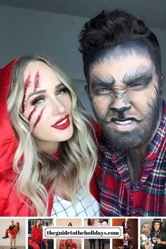 two people with painted faces pose for a photo while dressed as the wolf man and woman