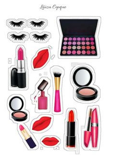 various cosmetics and makeup stickers on a white background