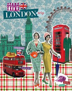 two women standing next to each other in front of a red bus and london sign