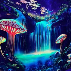 a painting of mushrooms and waterfall in the night