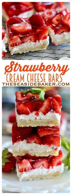 strawberry cream cheese bars stacked on top of each other with strawberries in the middle